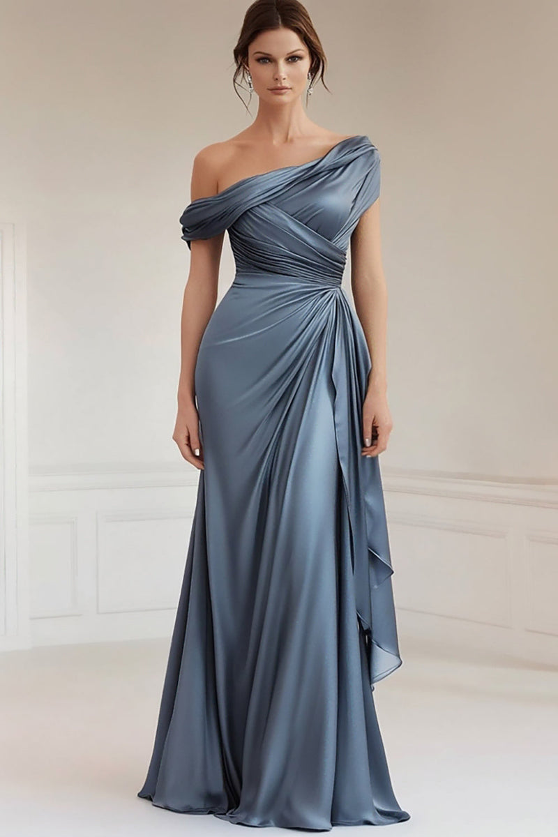 Load image into Gallery viewer, Mermaid Grey Blue One Shoulder Satin Ruched Mother Of Bride Dress with Ruffles