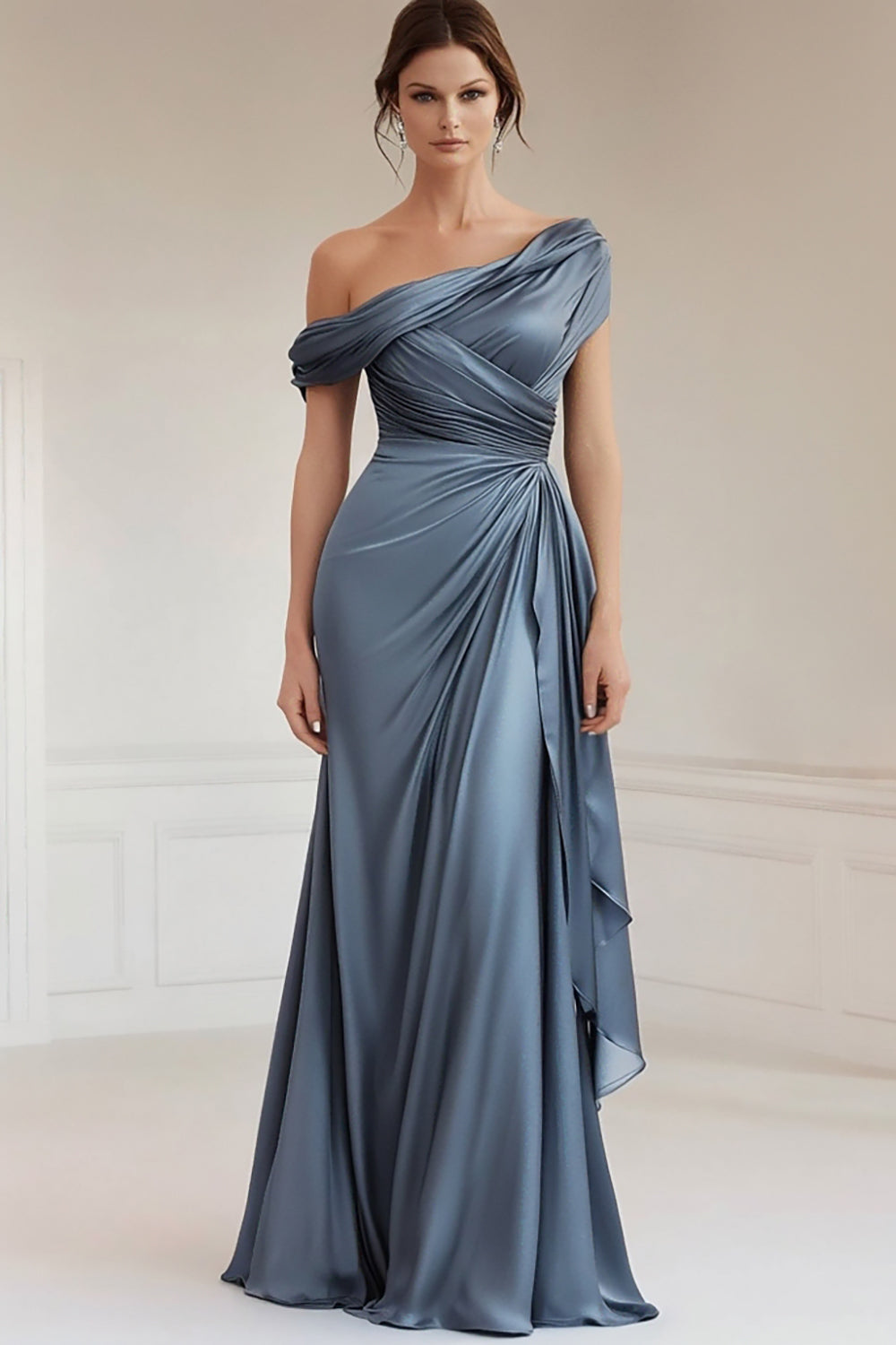 Mermaid Grey Blue One Shoulder Satin Ruched Mother Of Bride Dress with Ruffles