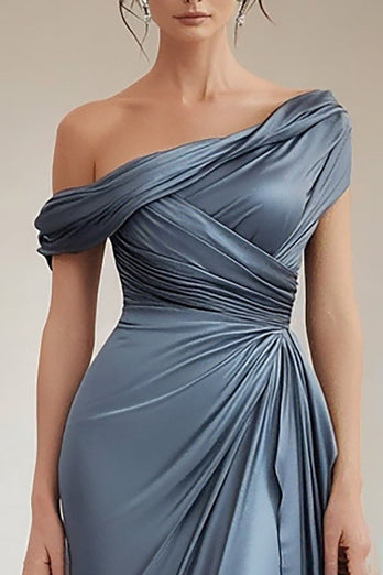 Mermaid Grey Blue One Shoulder Satin Ruched Mother Of Bride Dress with Ruffles