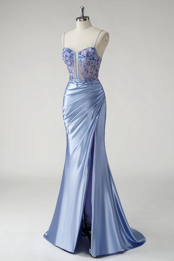 Sparkly Floral Blue Mermaid Satin Long Prom Dress with Slit