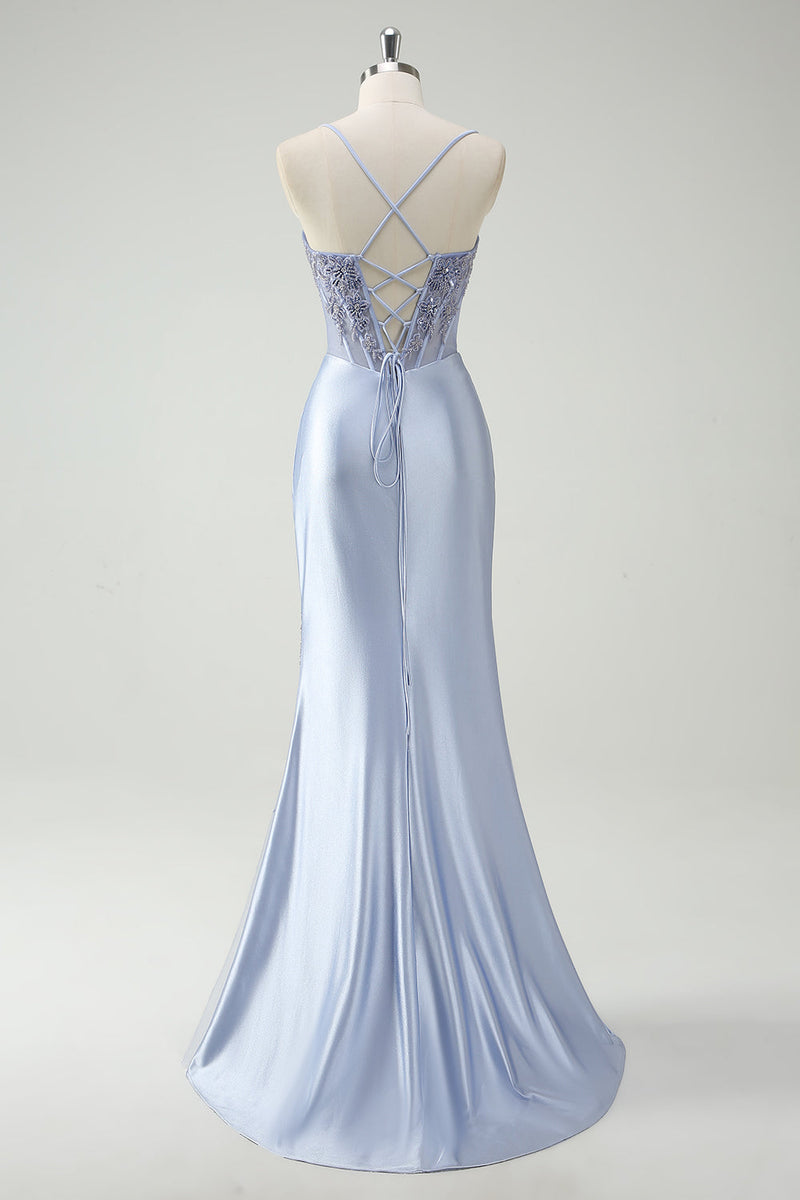 Load image into Gallery viewer, Light Blue Mermaid Ruched Long Prom Dress with Appliques