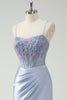 Load image into Gallery viewer, Light Blue Mermaid Ruched Long Prom Dress with Appliques
