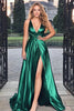 Load image into Gallery viewer, Satin Dark Green Deep V Neck A Line Prom Dress with Slit