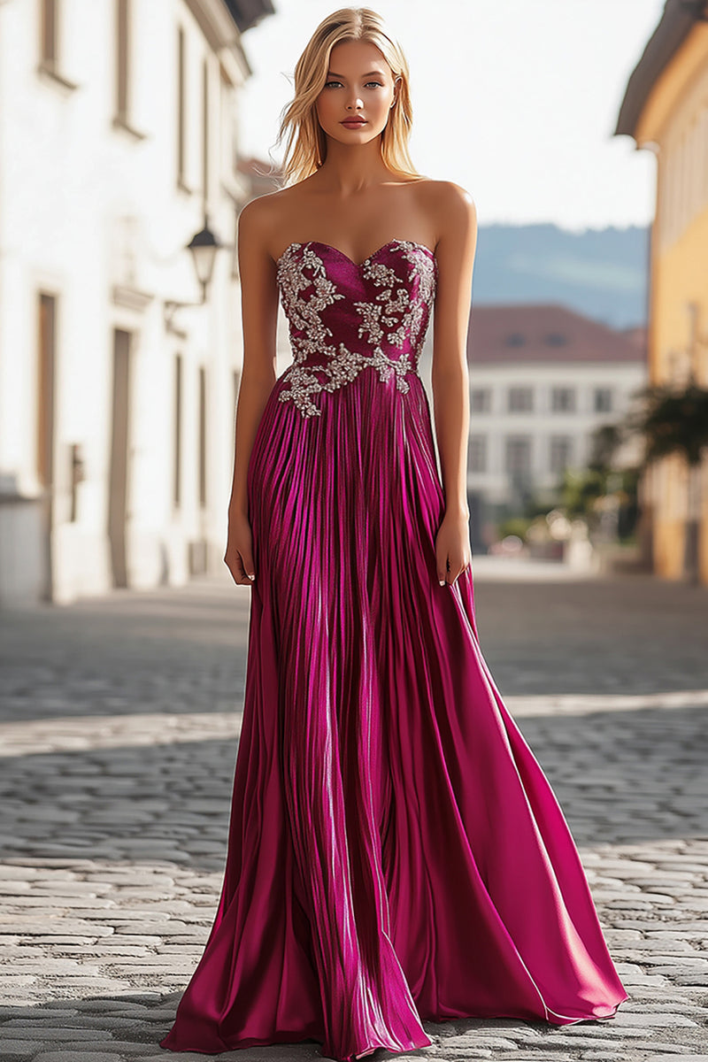 Load image into Gallery viewer, Sheath Fuchsia Sweetheart Embroidery Prom Dress