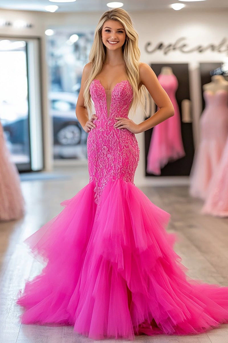 Load image into Gallery viewer, Fuchsia Tulle Appliqued Fit Sweetheart Flare Prom Dress