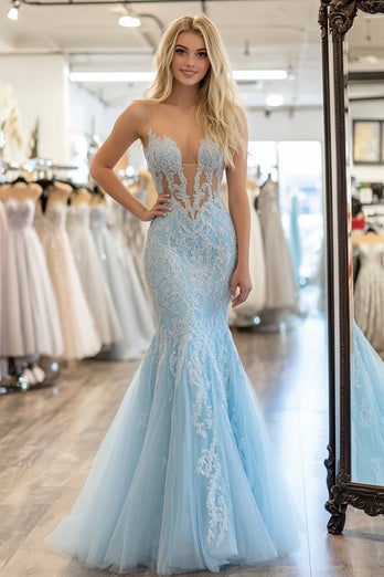 Mermaid Sky Blue Sweetheart Tulle Appliqued Prom Dress