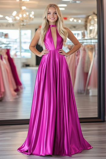 Metallic Satin Fuchsia A Line Pleated Halter Prom Dress