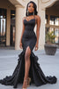 Load image into Gallery viewer, Satin Black Fit Spaghetti Straps with Slit Ruffles Prom Dress