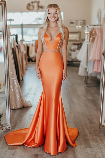 Orange Mermaid Stretch Satin Sweetheart Beaded Prom Dress