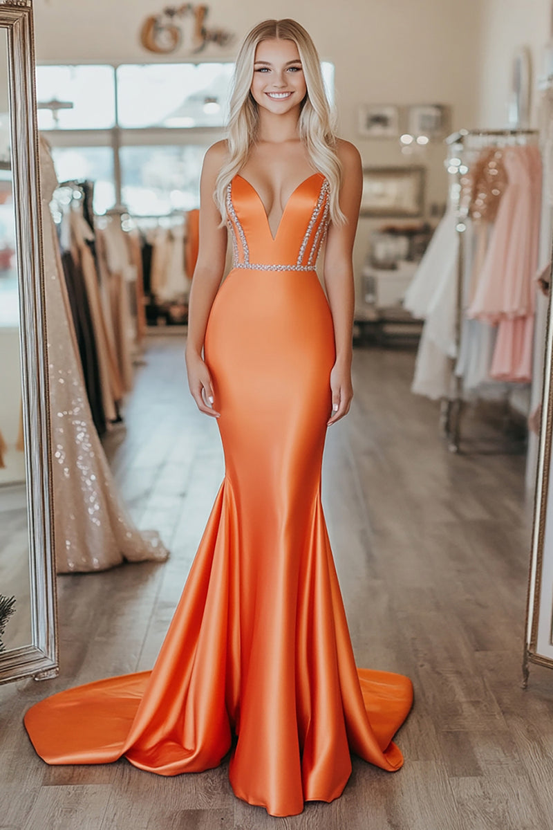 Load image into Gallery viewer, Orange Mermaid Stretch Satin Sweetheart Beaded Prom Dress