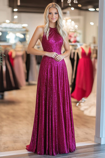 Fuchsia A Line Metallic Satin Fuchsia Pleated Halter Prom Dress