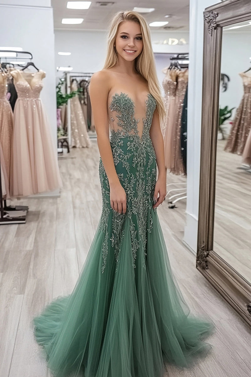 Load image into Gallery viewer, Agave Sheath Sweetheart Appliqued Tulle Prom Dress