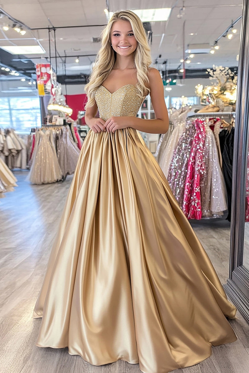 Load image into Gallery viewer, Sleeveless Satin A Line Gold Pleated Sweetheart Prom Dress