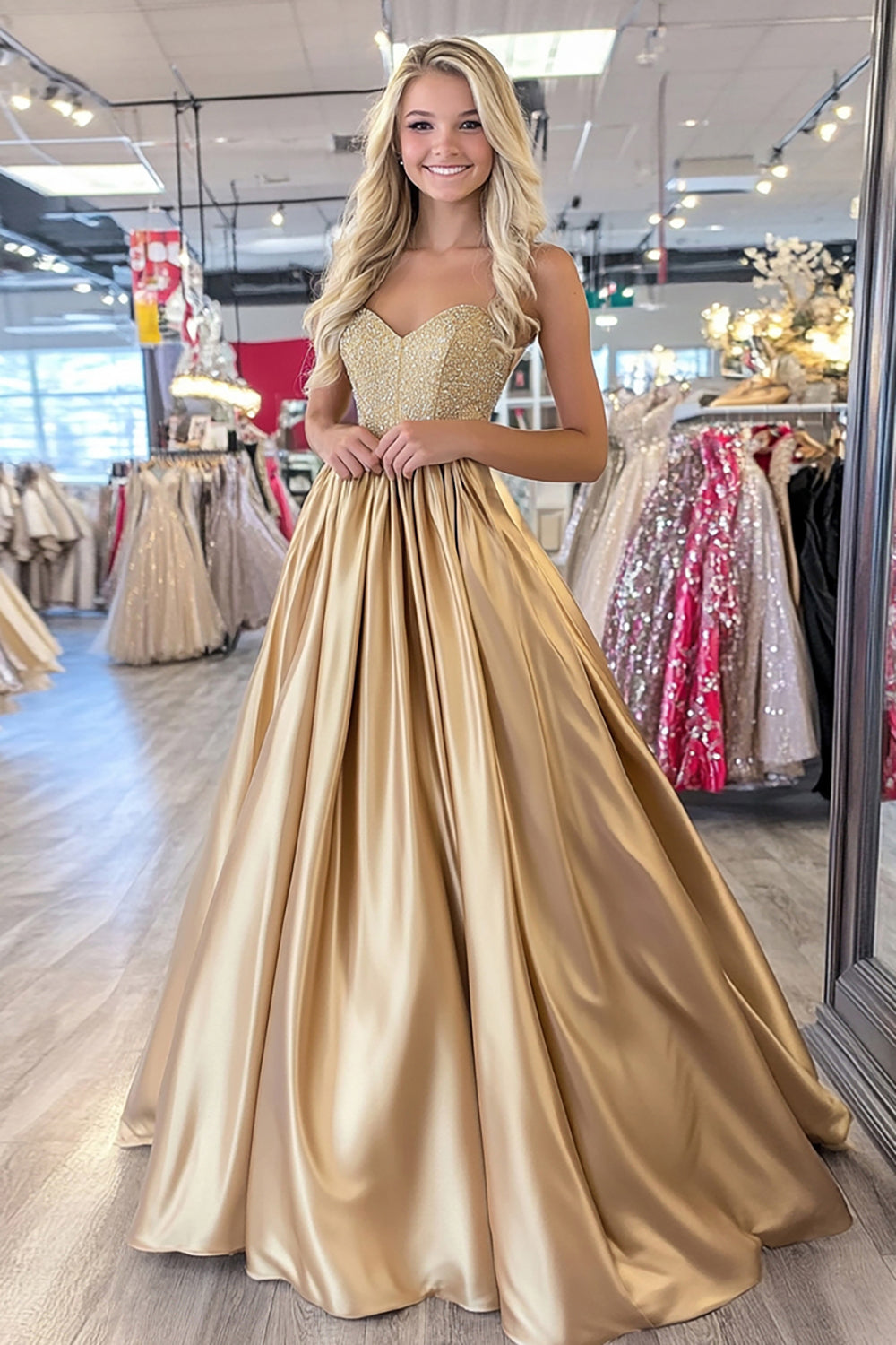 Sleeveless Satin A Line Gold Pleated Sweetheart Prom Dress