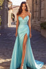 Load image into Gallery viewer, Blue Sheath Ruched Sleeveless Prom Dress with Slit