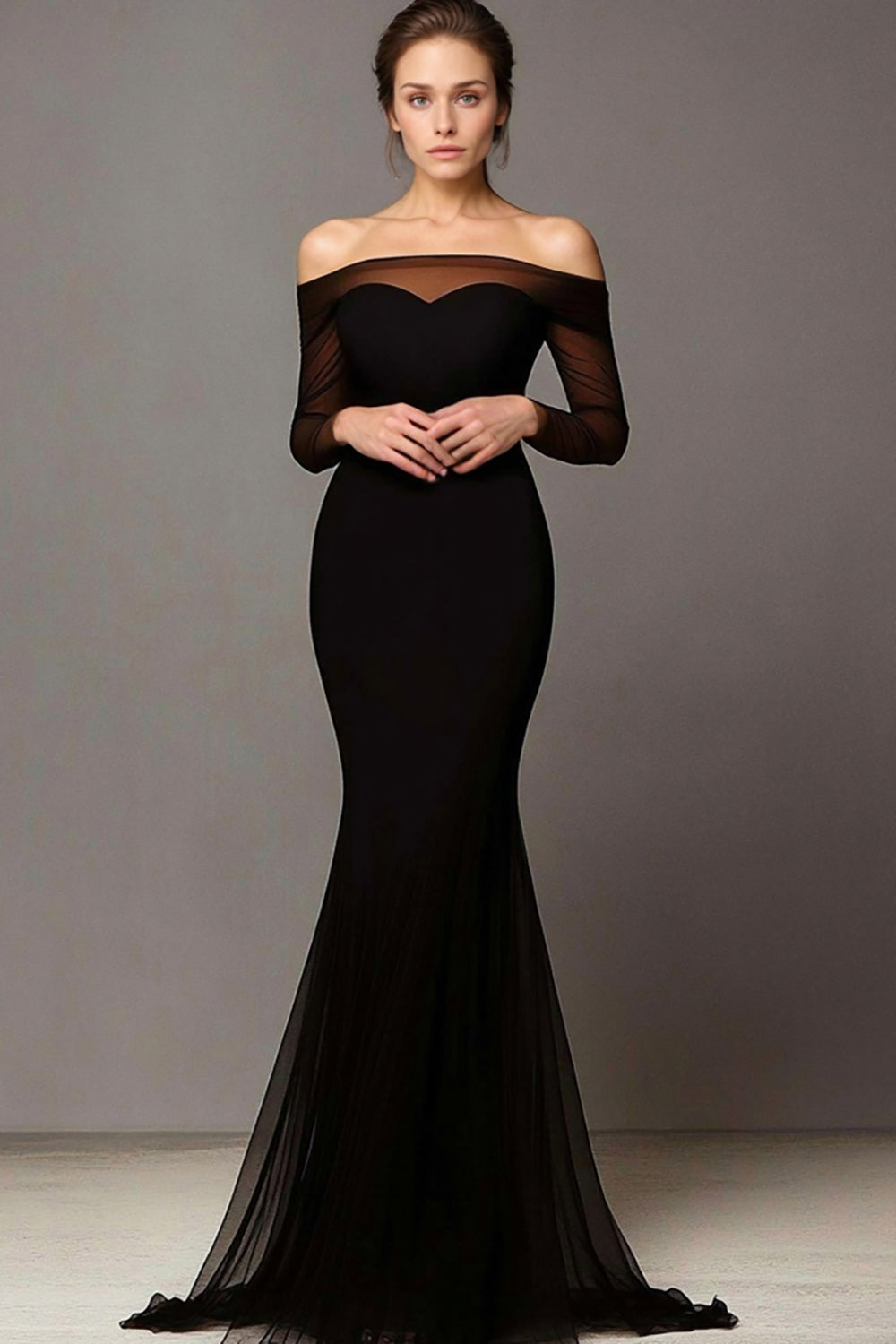 Mesh Black Off The Shoulde Mermaid Long Sleeves Long Prom Dress