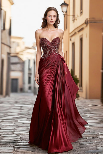 Sheath Burgundy Sleeveless Embroidery Metallic Satin Long Prom Dress