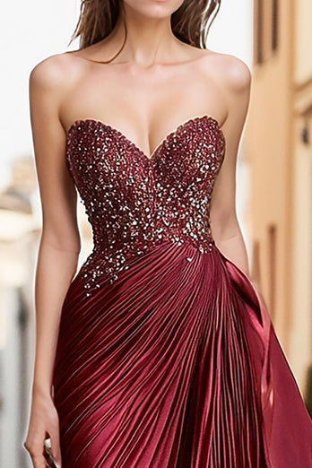 Sheath Burgundy Sleeveless Embroidery Metallic Satin Long Prom Dress