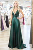 Load image into Gallery viewer, A Line Pleated V Neck Dark Green Satin Long Prom Dress