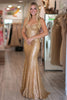 Load image into Gallery viewer, Gold Sheath Sequin Sleeveless Long Prom Dress