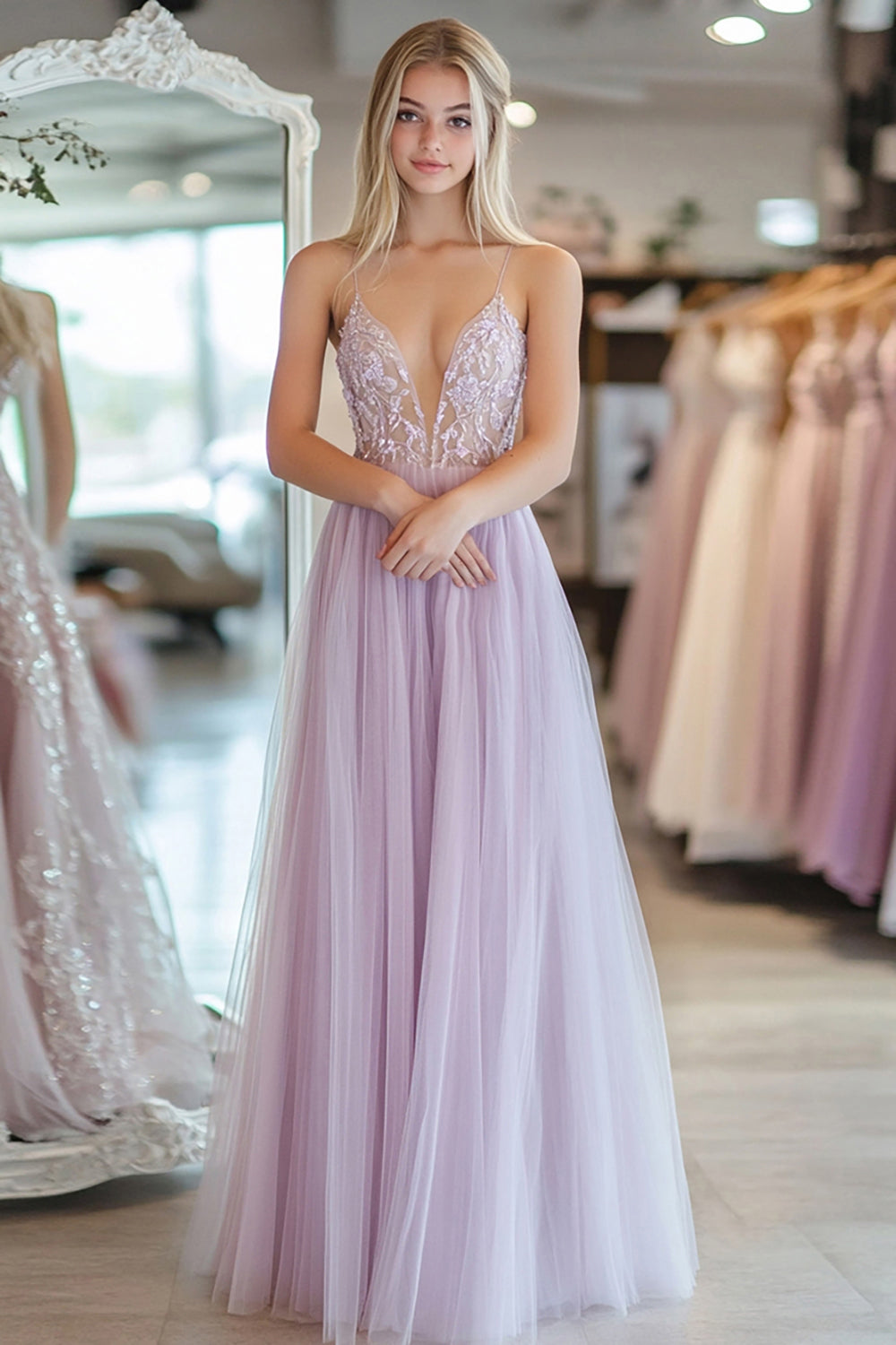 Light Purple Tulle A Line Appliqued Sleeveless Long Prom Dress