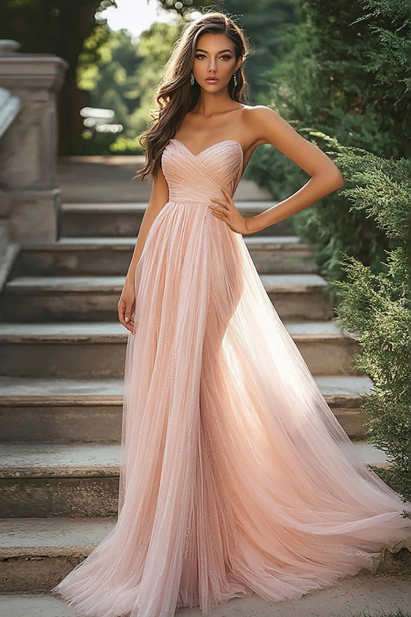 Load image into Gallery viewer, Blush A Line Sweetheart Sleeveless Ruched Tulle Long Prom Dress