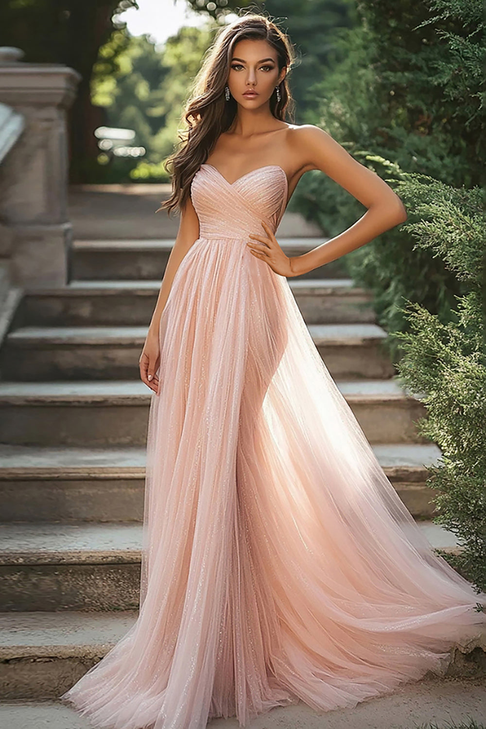 Blush A Line Sweetheart Sleeveless Ruched Tulle Long Prom Dress