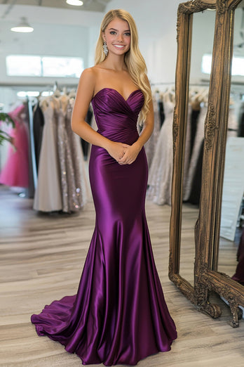 Plum Sheath Ruched Sleeveless Plum Satin Long Prom Dress