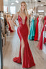 Load image into Gallery viewer, Red V Neck Mermaid Sequin Beaded Long Prom Dress