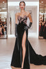 Load image into Gallery viewer, Satin Black Appliqued Mermaid Sleeveless Long Prom Dress with Slit