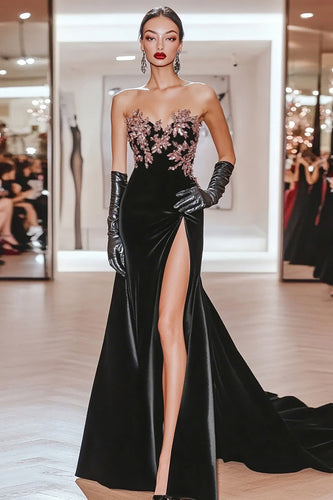 Satin Black Appliqued Mermaid Sleeveless Long Prom Dress with Slit