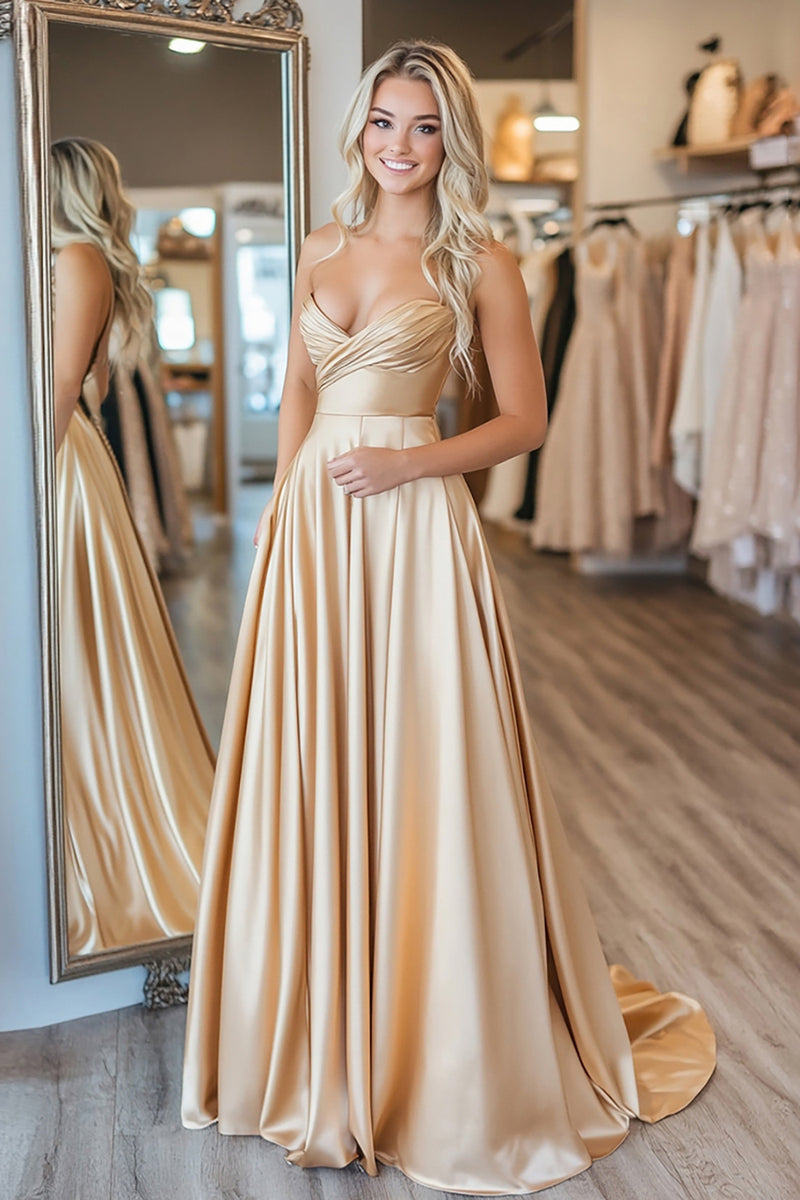 Load image into Gallery viewer, Gold A Line Sequin Sleeveless Ruched Satin Long Prom Dress