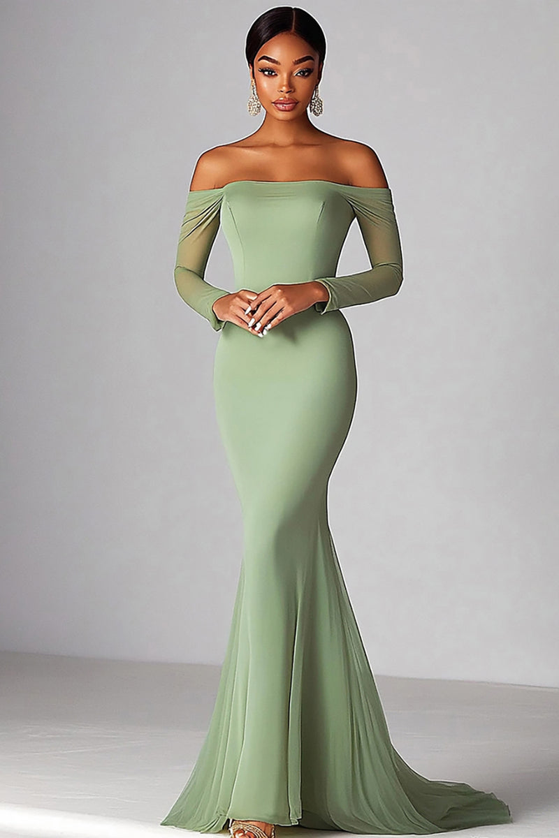 Load image into Gallery viewer, Mesh Sage Off The Shoulde Mermaid Ruched Long Prom Dress