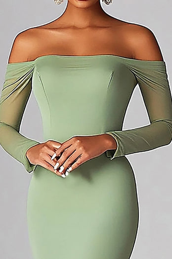 Mesh Sage Off The Shoulde Mermaid Ruched Long Prom Dress