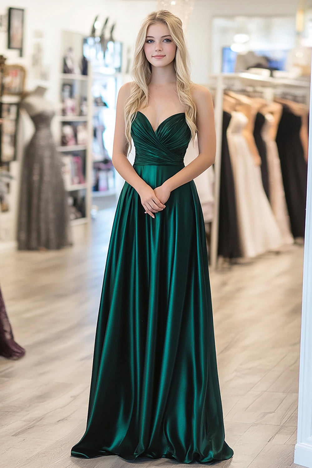 Dark Green A Line Pleated V Neck Satin Sleeveles Long Prom Dress