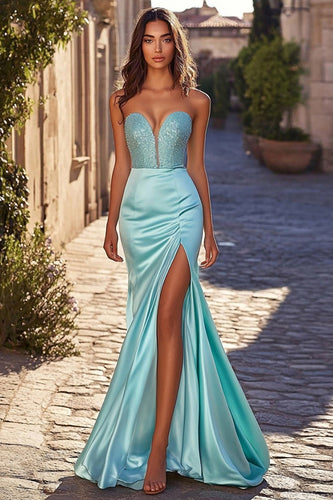 Sheath Blue Sleeveless Beaded Long Prom Dress with Slit