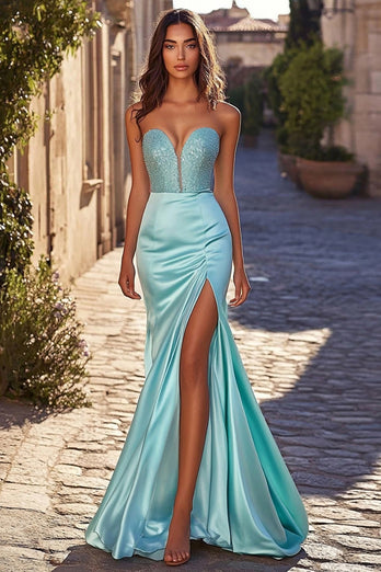 Sheath Blue Sleeveless Beaded Long Prom Dress with Slit