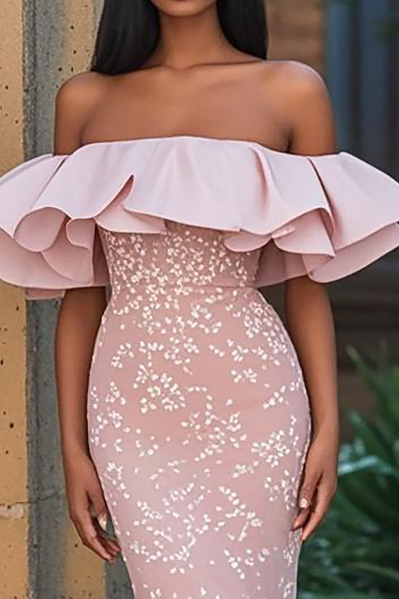 Load image into Gallery viewer, Mermaid Blush Off the Shoulde Sleeveless Appliqued Prom Dress