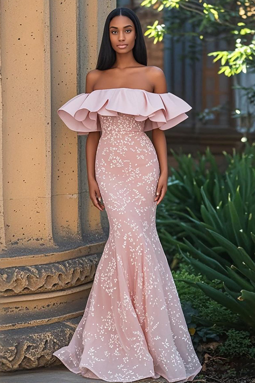 Mermaid Blush Off the Shoulde Sleeveless Appliqued Prom Dress