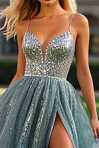 Dusty Blue Sleeveless A Line Beaded Tulle Prom Dress