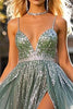 Load image into Gallery viewer, A Line Dusty Blue Sleeveless Beaded Appliqued Prom Dress