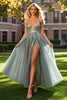 Load image into Gallery viewer, A Line Dusty Blue Sleeveless Beaded Appliqued Prom Dress