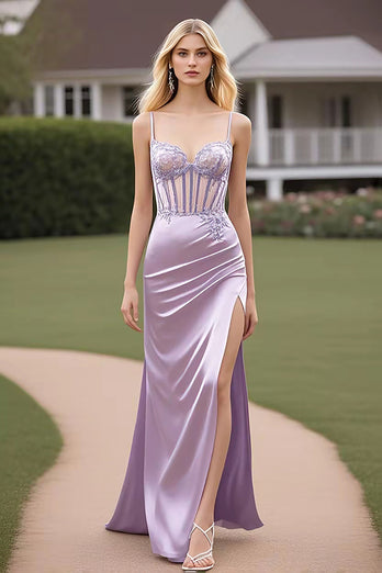 Lilac Spaghetti Straps Sheath Ruched Long Prom Dress with Slit