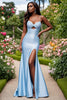 Load image into Gallery viewer, Sky Blue Sleeveless Satin Sheath Beaded Long Prom Dress