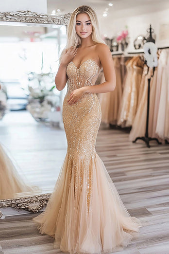 Mermaid Gold Sequin Sleeveless Long Prom Dress