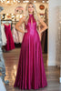 Load image into Gallery viewer, A Line Satin Fuchsia Halter Pleated Long Prom Dress