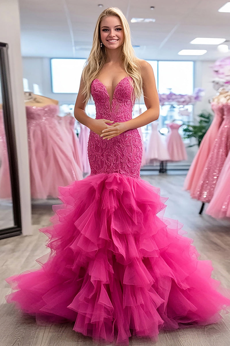 Load image into Gallery viewer, Fuchsia Ruffles Appliqued Sleeveless Fit Tulle Long Prom Dress