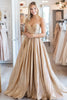 Load image into Gallery viewer, A Line Metallic Satin Gold Pleated Sleeveless Long Prom Dress