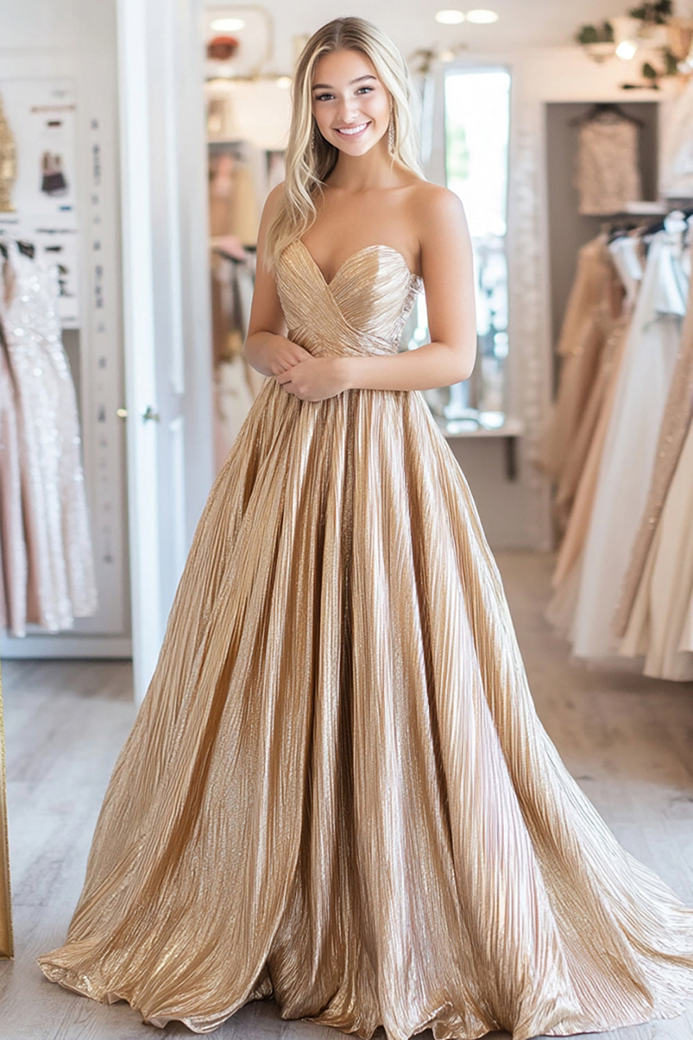 A Line Metallic Satin Gold Pleated Sleeveless Long Prom Dress