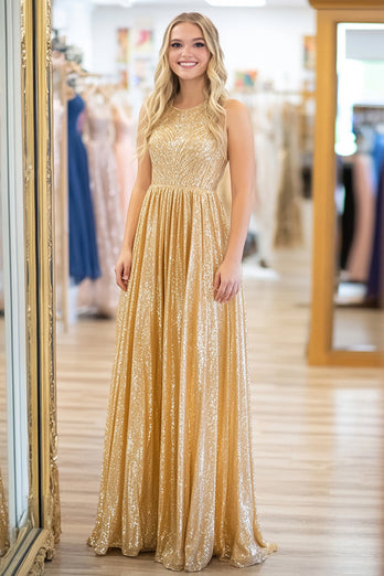 A Line Gold Scoop Neck Sleeveless Metallic Satin Long Prom Dress